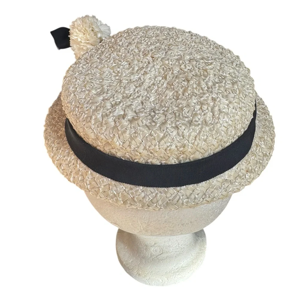 1940s/50s Dolly Madison‎ Raffia Straw Hat w/Pompom Embellishment & Black Ribbon - Picture 3 of 7